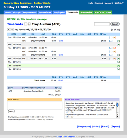 Labor Time Tracker Timecard